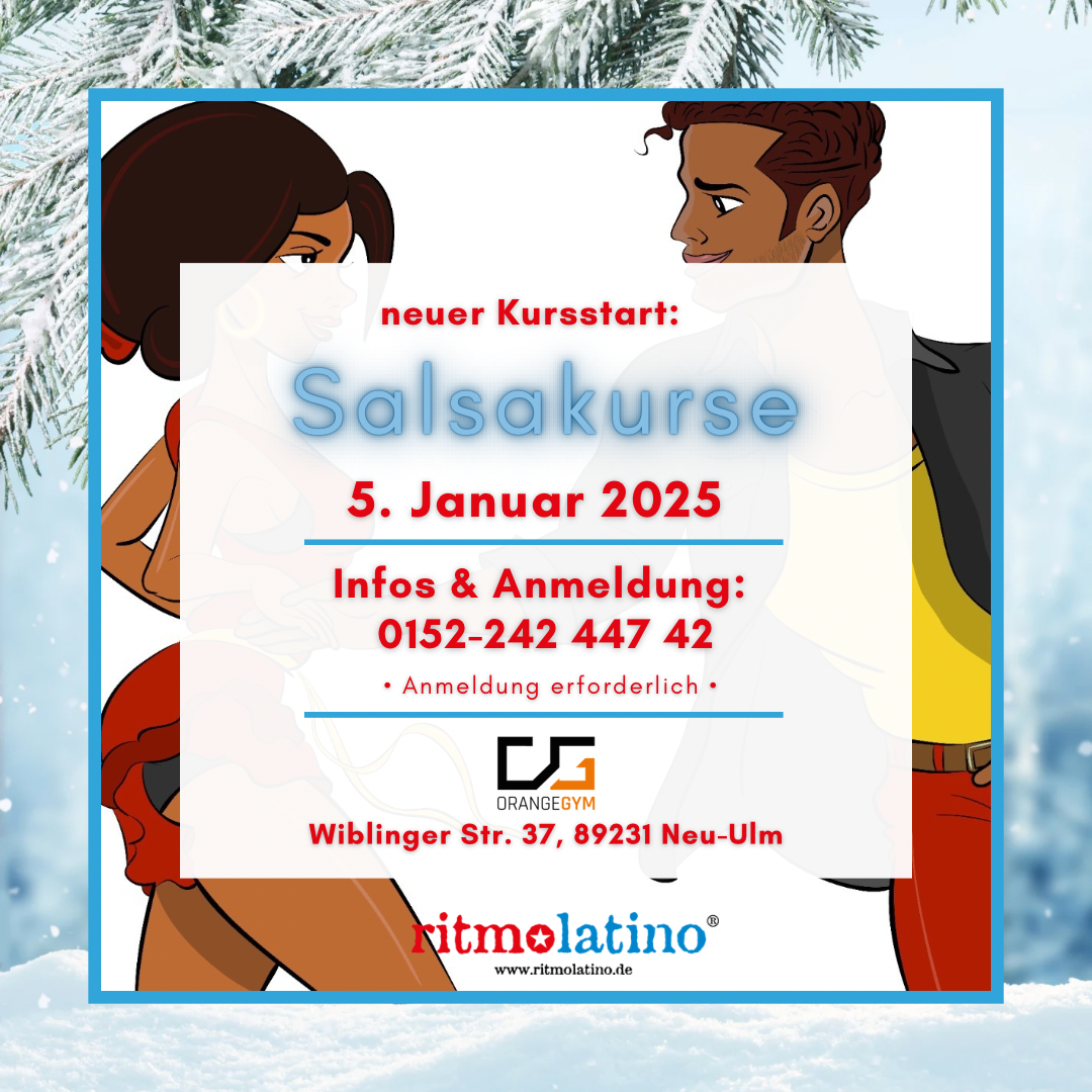 Salsakurs in Ulm 7 Salsakurs in Ulm Januar Poster mit roten Buchstaben zur Ankündigung der Ritmo Latino® Dance School