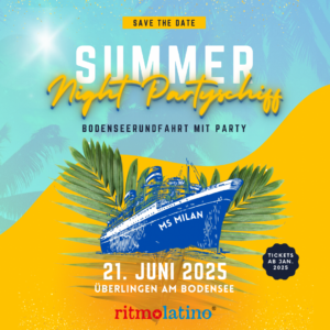 Summer Night Partyschiff Poster. Illustration der leuchtenden Farben Gelb und Blau mit einem Boot in der Mitte