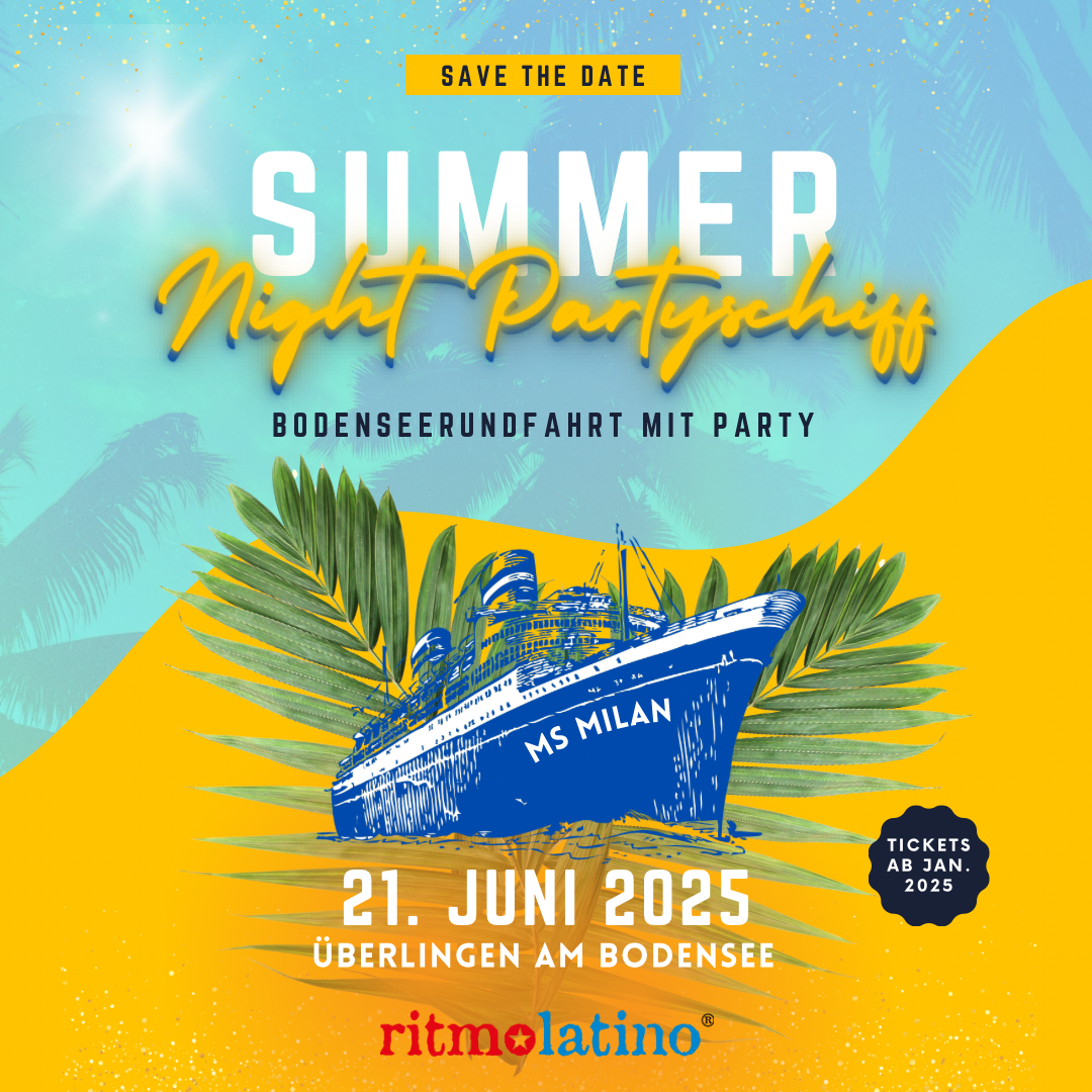 Summer Night Partyschiff 7 Summer Night Partyschiff Poster. Illustration der leuchtenden Farben Gelb und Blau mit einem Boot in der Mitte