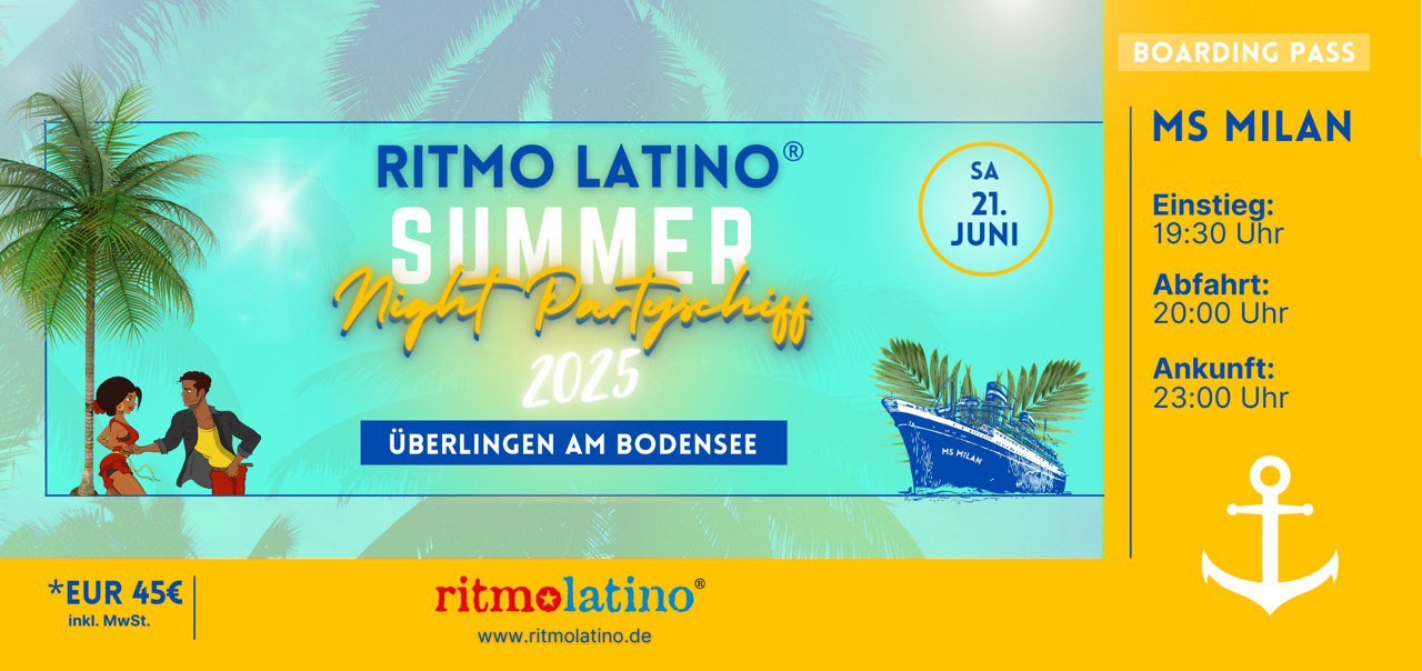 Bild der Eintrittskarte für eine Partyveranstaltung in der Latin-Rhythmus-Tanzschule. intensive gelbe und blaue Farbe mit Boot und Logo in tropischer Atmosphäre
