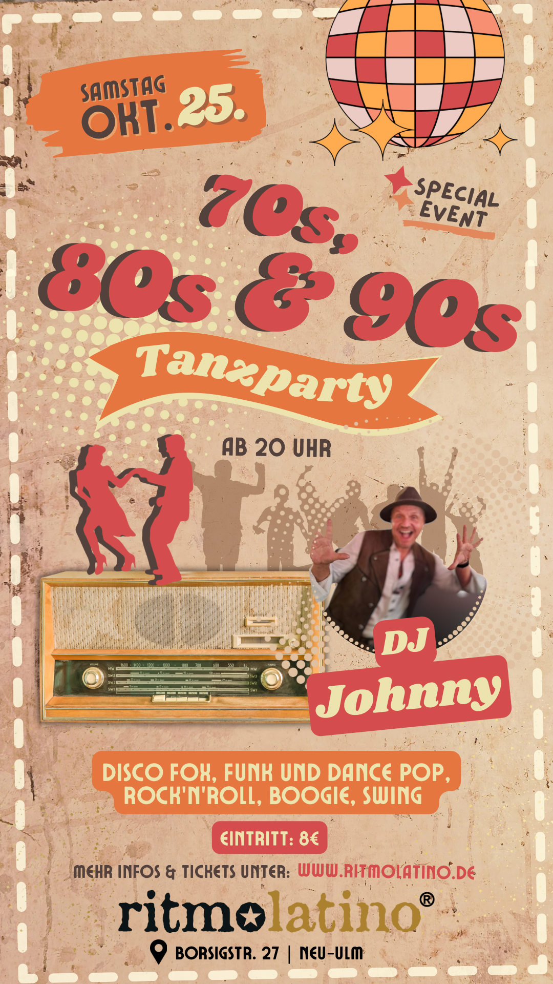 70er, 80er & 90er Tanzparty 7 Red & Brown Retro Old School Party Flyer