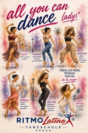 Mehrere Frauen tanzen verschiedene lateinamerikanische Stile wie Salsa, Bachata und Reggaeton vor einer bunten Kulisse im Aquarell-Stil.