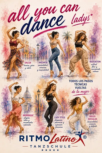 All you can dance - Ladys 1 Mehrere Frauen tanzen verschiedene lateinamerikanische Stile wie Salsa, Bachata und Reggaeton vor einer bunten Kulisse im Aquarell-Stil.