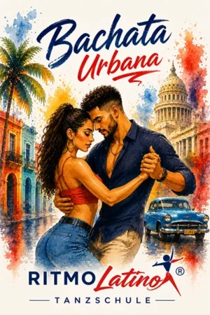 Ein Paar tanzt urbanen Bachata auf einer kubanischen Straße mit Oldtimer und Capitol im Hintergrund.