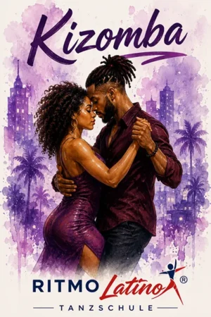 Ein Paar tanzt Kizomba eng umschlungen vor einer violetten Skyline mit Palmen im Aquarell-Stil.