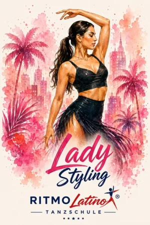Eine Frau tanzt ausdrucksvoll Lady Styling vor einer pinkfarbenen Skyline mit Palmen im Aquarell-Stil.