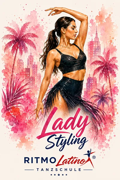 Lady styling 1 Eine Frau tanzt ausdrucksvoll Lady Styling vor einer pinkfarbenen Skyline mit Palmen im Aquarell-Stil.