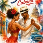 Ein Paar tanzt Salsa Cubana vor einer farbenfrohen Kulisse mit Palme, Oldtimer und dem Capitol in Havanna.
