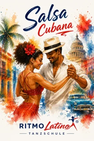 Ein Paar tanzt Salsa Cubana vor einer farbenfrohen Kulisse mit Palme, Oldtimer und dem Capitol in Havanna.