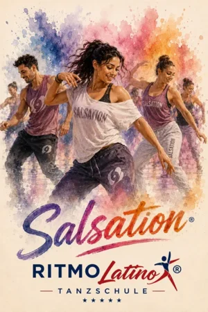 Eine Gruppe von Menschen tanzt dynamisch Salsation in einem Tanzstudio vor einem bunten Hintergrund im Aquarell-Stil.